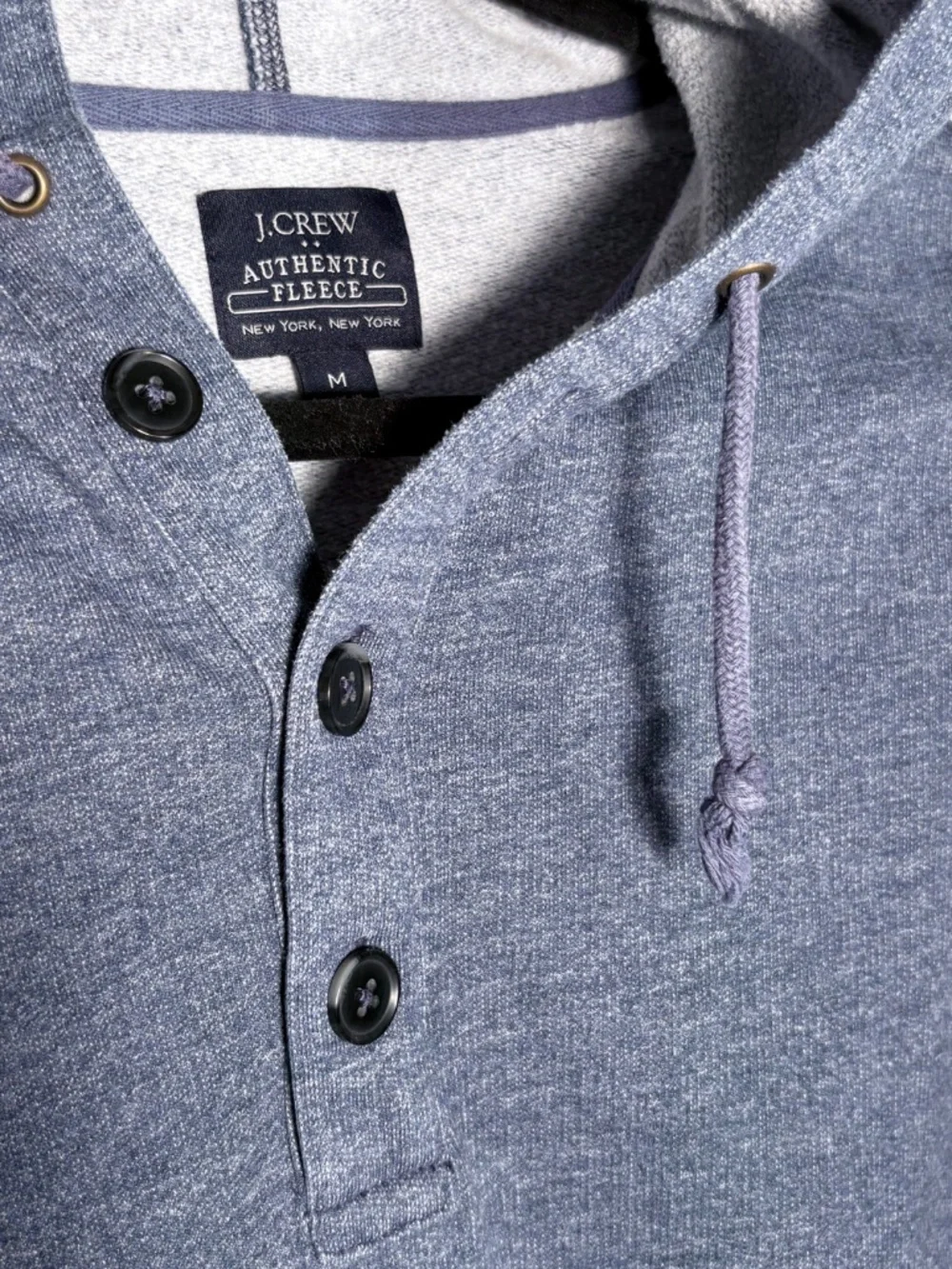 J. Crew Authentic Fleece Henley Hoodie Blue Heathered Pullover Mens Size Medium